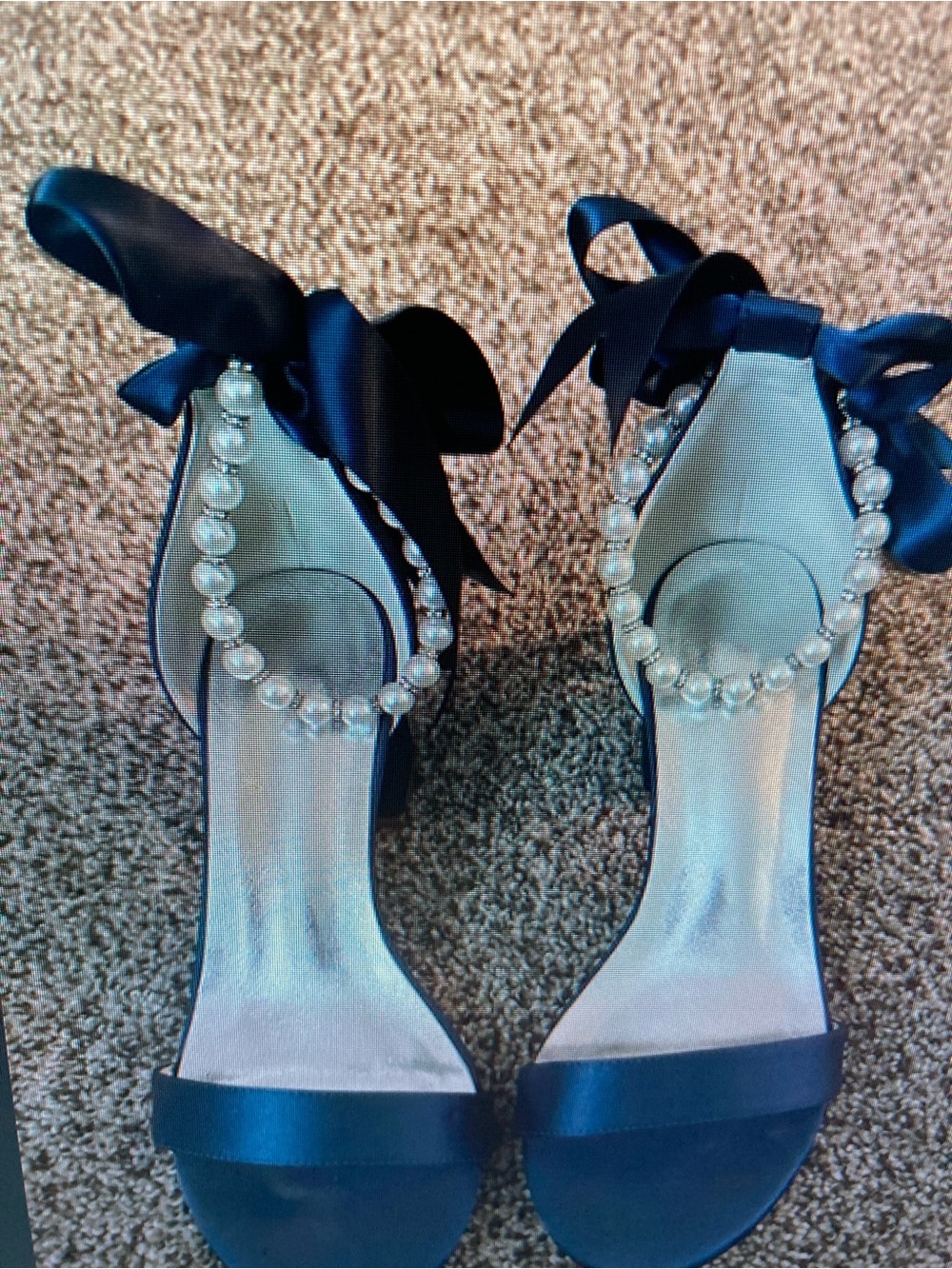 Pearl-Ankle Navy Satin Open-Toe Heels with Bow